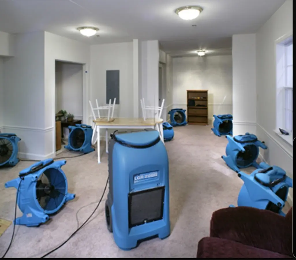 Air movers and dehumidifier setup for Water Damage Restoration in Camp Springs